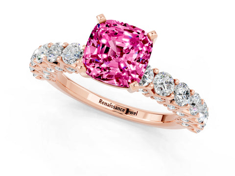 Rose gold Cushion Cut Pink Sapphire Solitaire Ring with Shared Prong Pavé Band and Four-Prong Setting_1