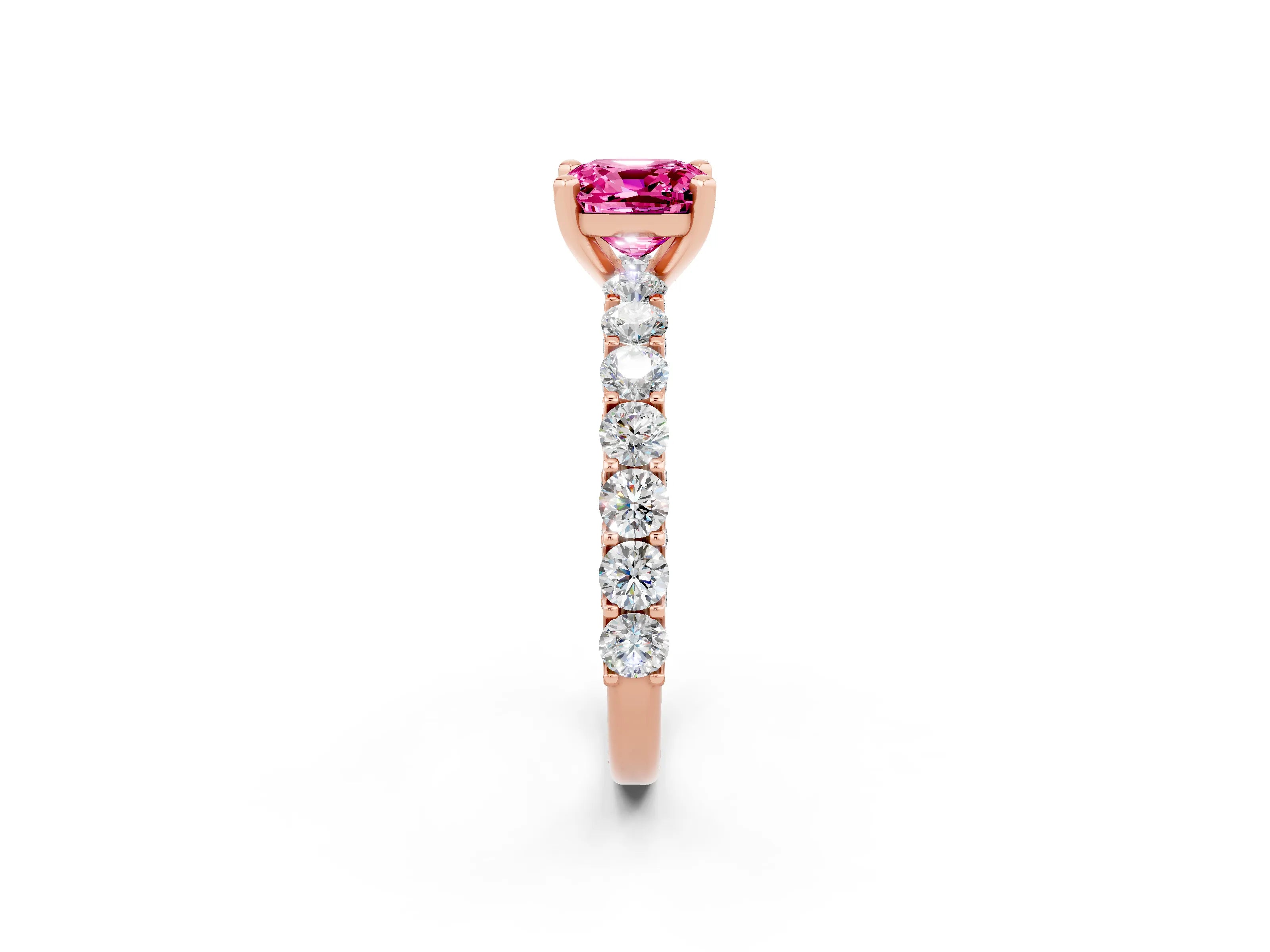 Rose gold Cushion Cut Pink Sapphire Solitaire Ring with Shared Prong Pavé Band and Four-Prong Setting_2
