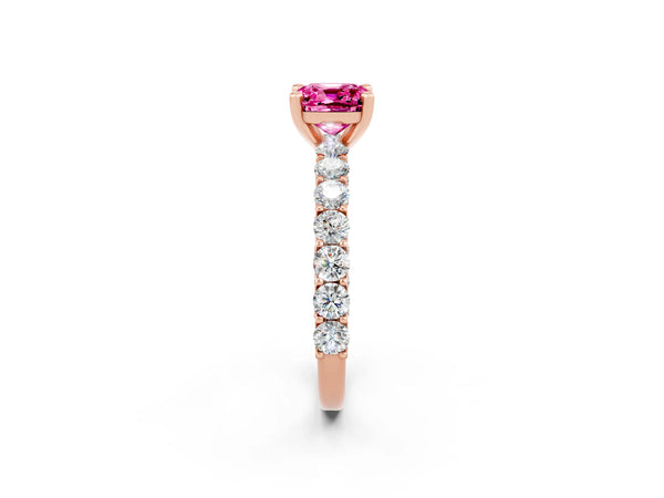 Rose gold Cushion Cut Pink Sapphire Solitaire Ring with Shared Prong Pavé Band and Four-Prong Setting