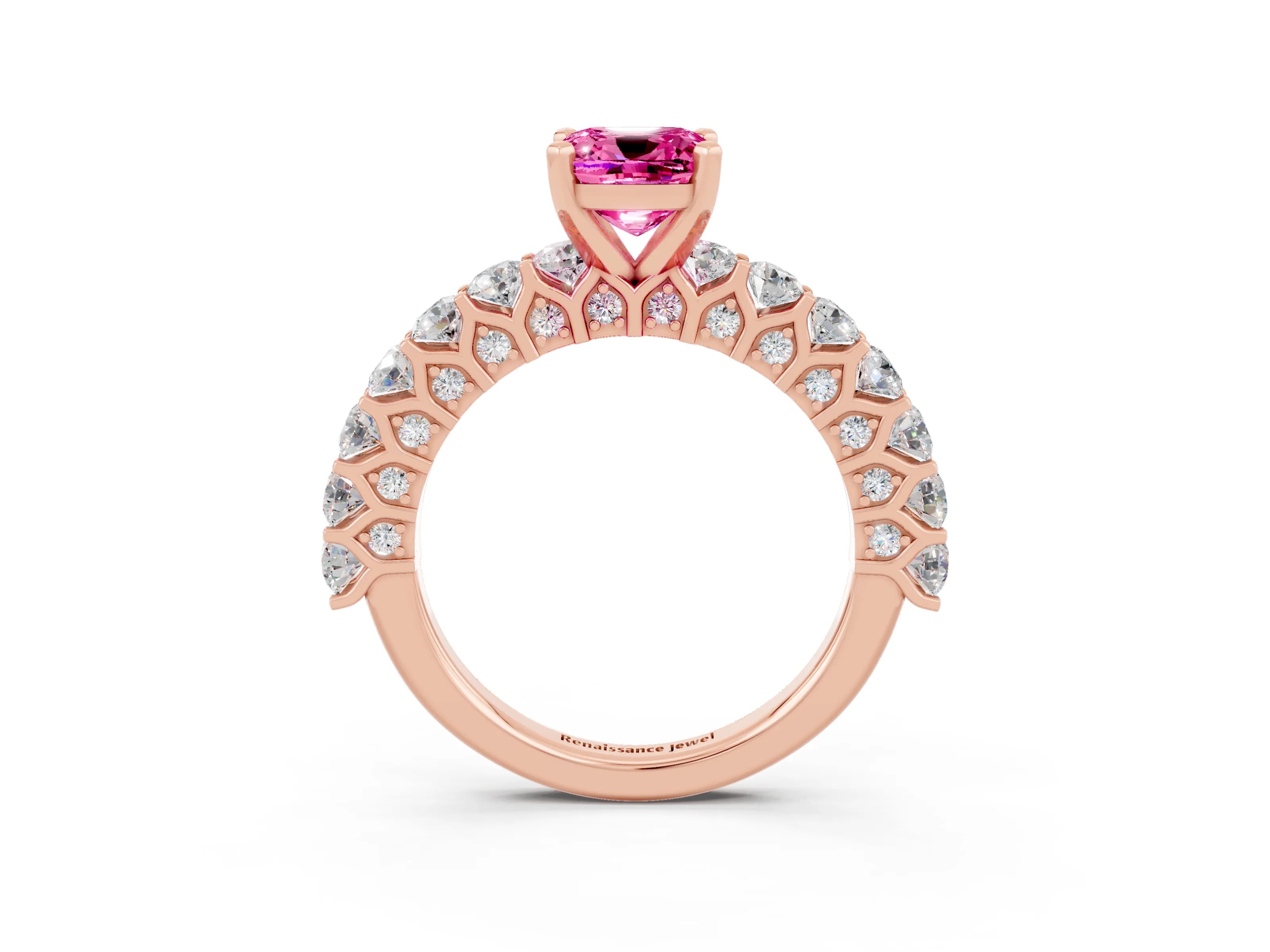 Rose gold Cushion Cut Pink Sapphire Solitaire Ring with Shared Prong Pavé Band and Four-Prong Setting_3