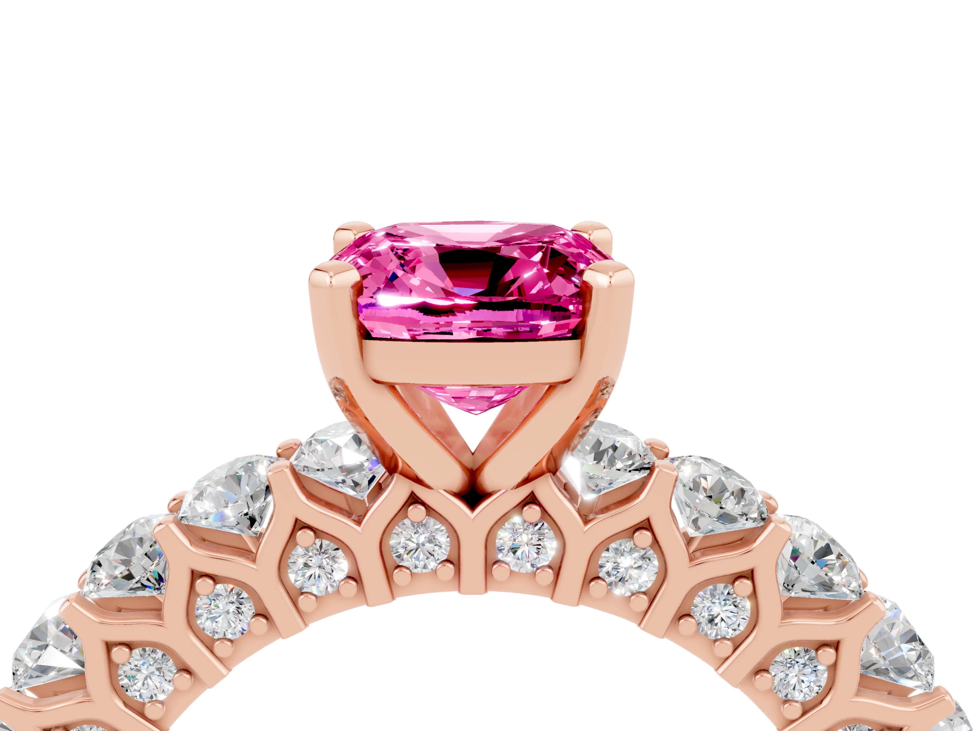 Rose gold Cushion Cut Pink Sapphire Solitaire Ring with Shared Prong Pavé Band and Four-Prong Setting_4