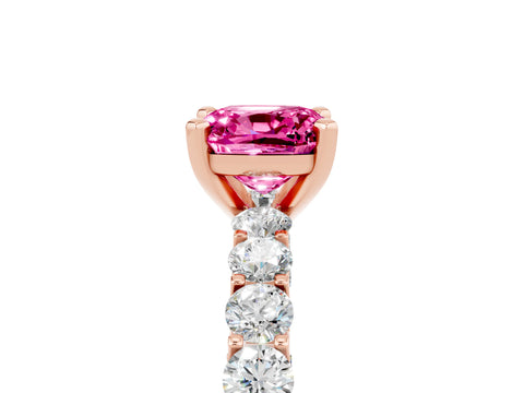 Rose gold Cushion Cut Pink Sapphire Solitaire Ring with Shared Prong Pavé Band and Four-Prong Setting_5