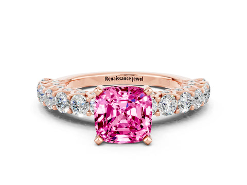 Rose gold Cushion Cut Pink Sapphire Solitaire Ring with Shared Prong Pavé Band and Four-Prong Setting