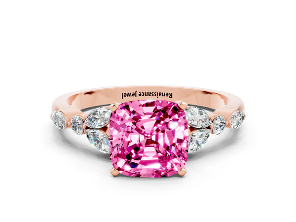 Rose gold Cushion Cut Pink Sapphire Solitaire Ring with Side Stones and Four-Prong Setting