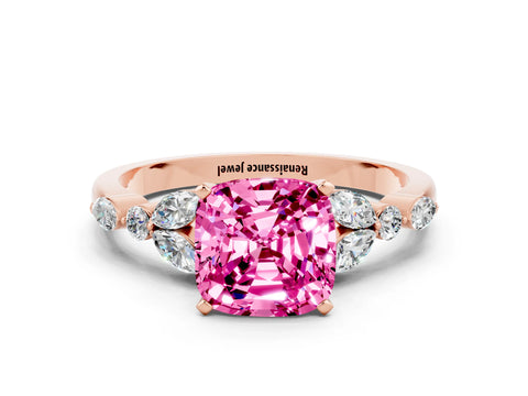 Rose gold Cushion Cut Pink Sapphire Solitaire Ring with Side Stones and Four-Prong Setting_12