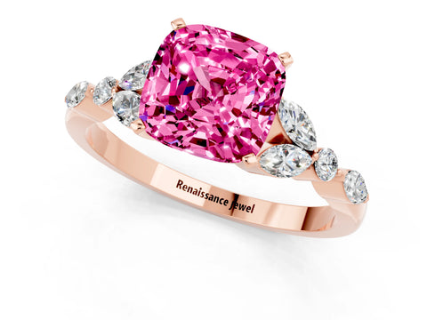 Rose gold Cushion Cut Pink Sapphire Solitaire Ring with Side Stones and Four-Prong Setting_13