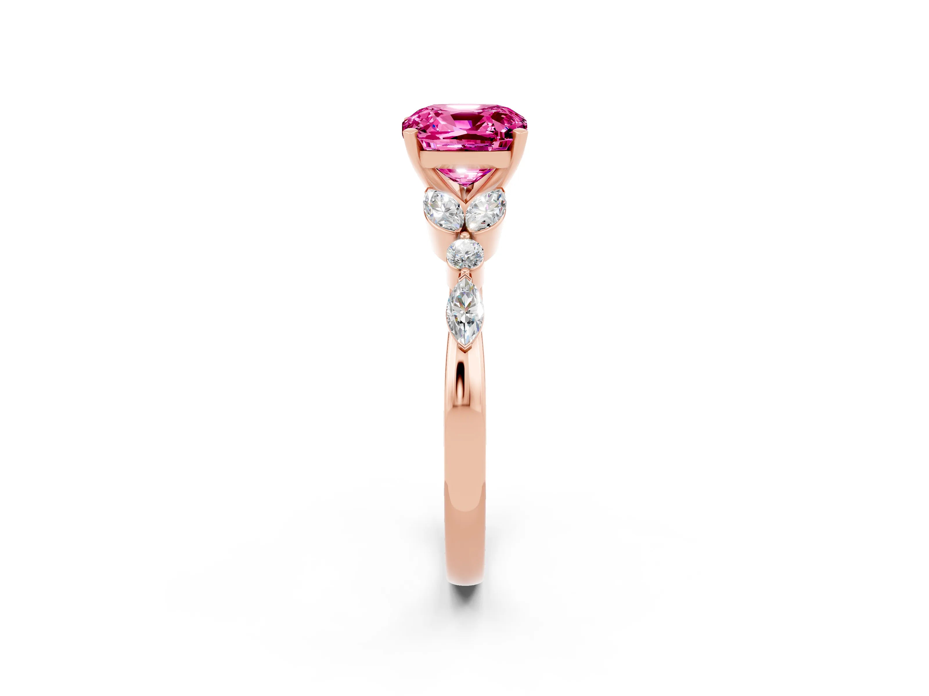 Rose gold Cushion Cut Pink Sapphire Solitaire Ring with Side Stones and Four-Prong Setting_14