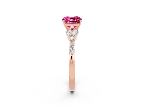 Rose gold Cushion Cut Pink Sapphire Solitaire Ring with Side Stones and Four-Prong Setting