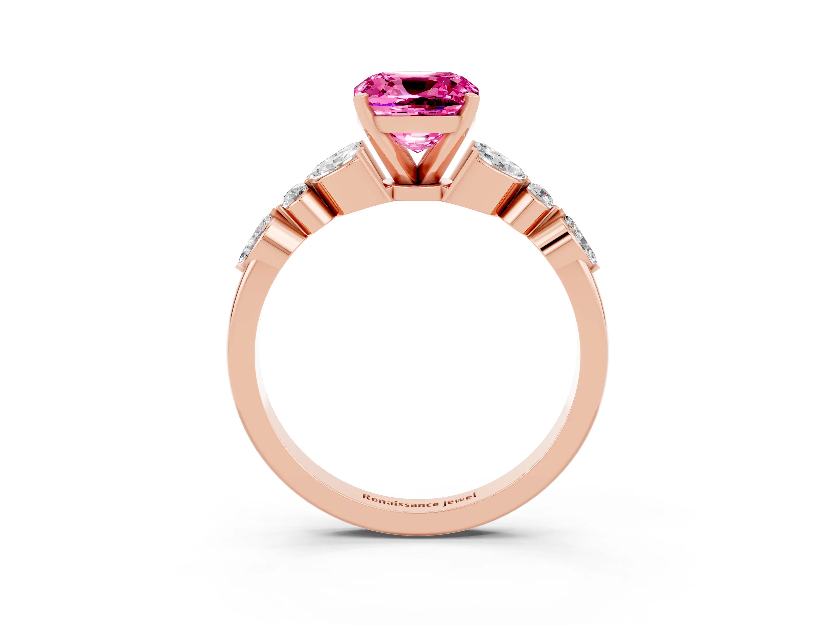Rose gold Cushion Cut Pink Sapphire Solitaire Ring with Side Stones and Four-Prong Setting_15