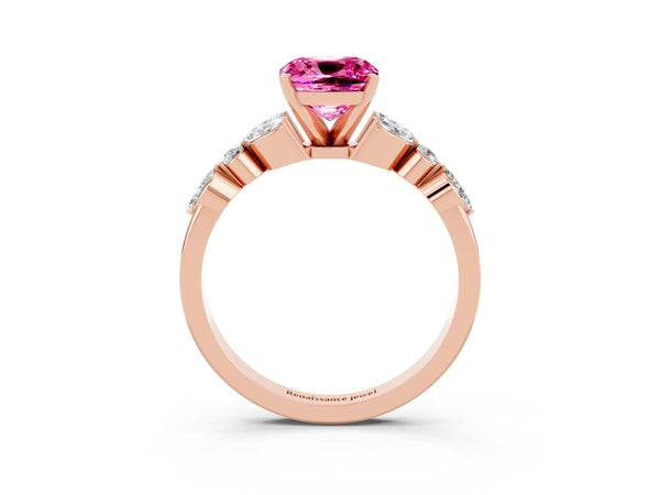 Rose gold Cushion Cut Pink Sapphire Solitaire Ring with Side Stones and Four-Prong Setting