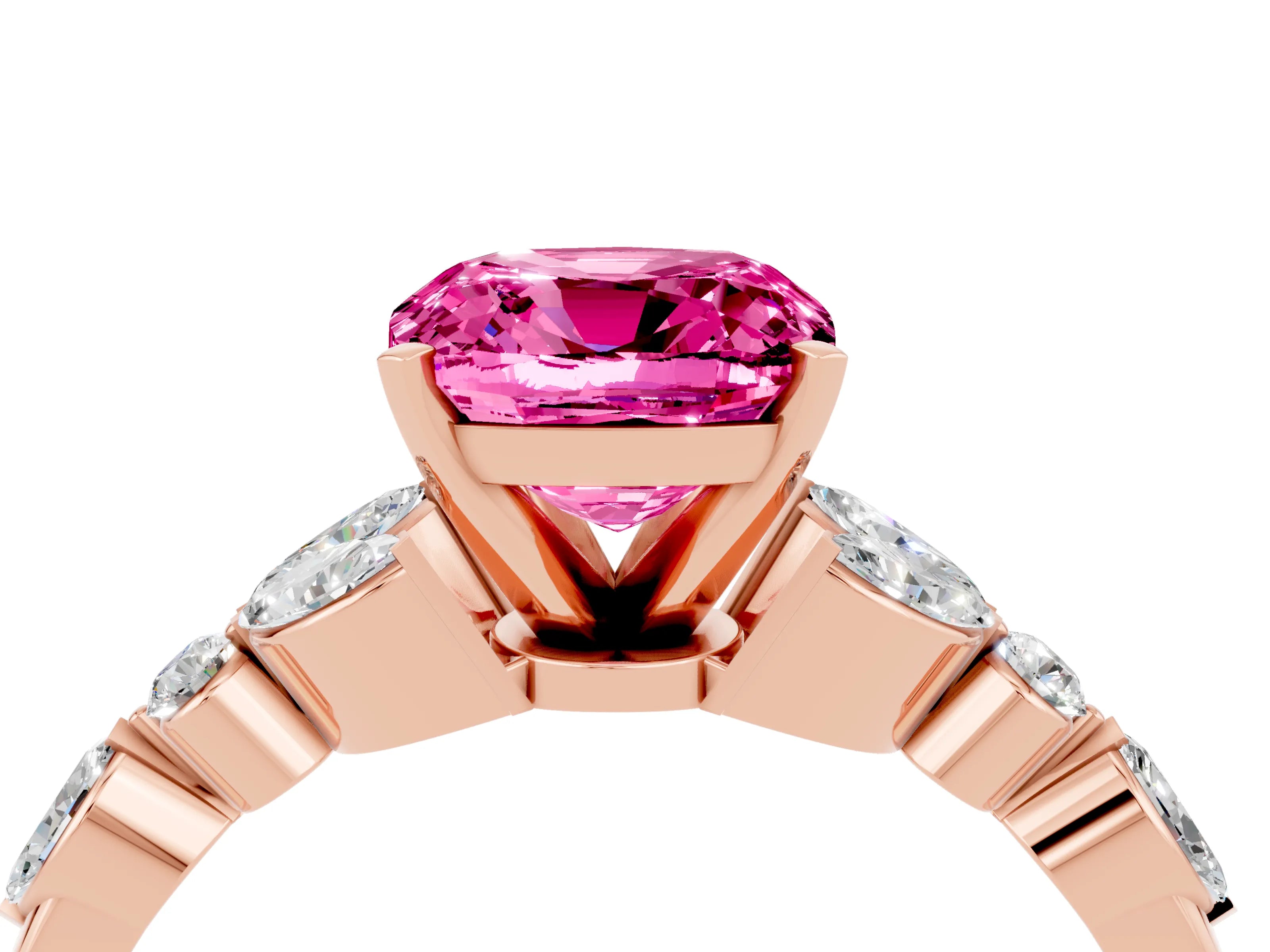 Rose gold Cushion Cut Pink Sapphire Solitaire Ring with Side Stones and Four-Prong Setting_16