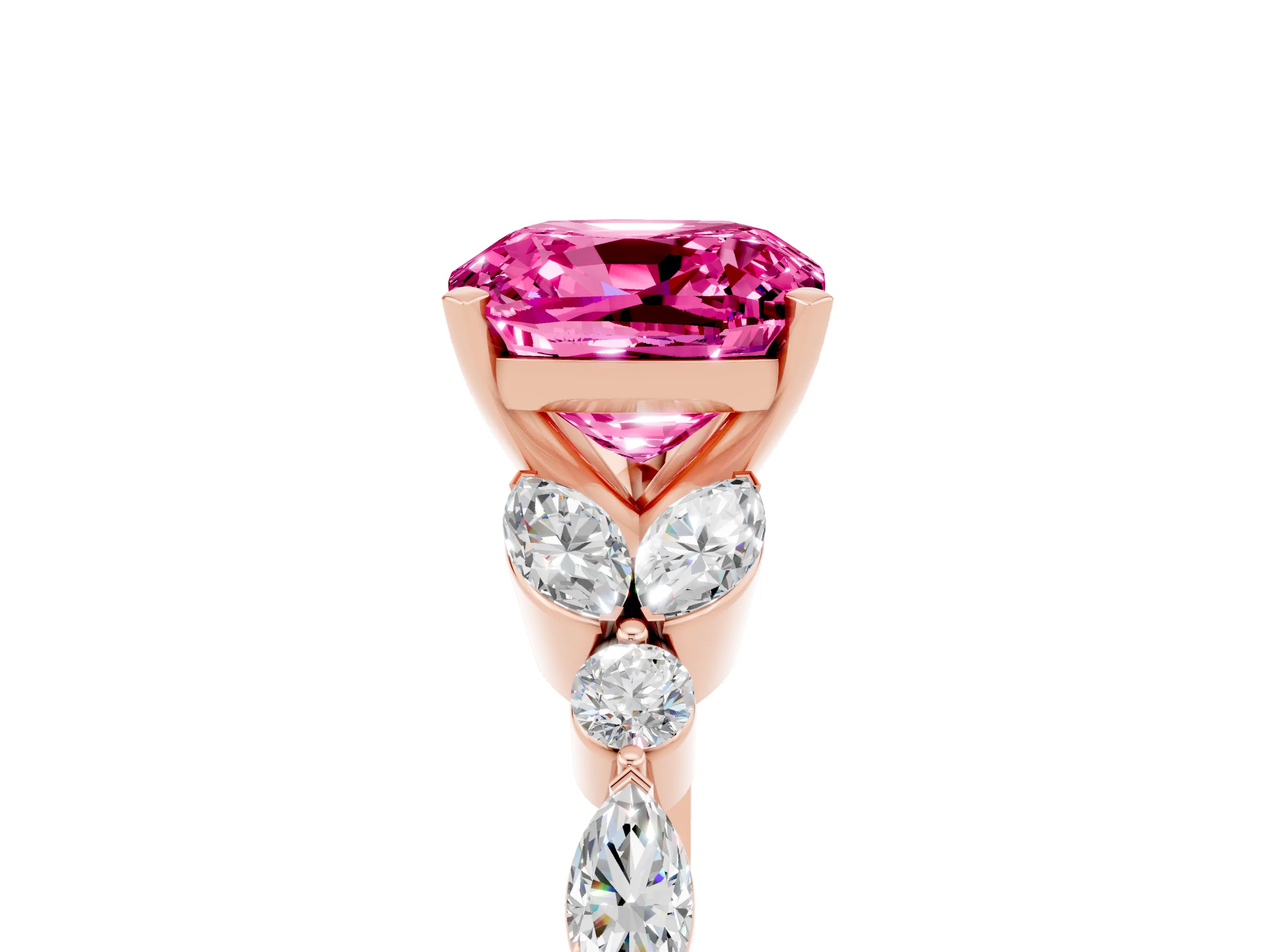 Rose gold Cushion Cut Pink Sapphire Solitaire Ring with Side Stones and Four-Prong Setting_17