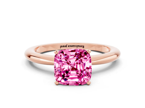 Rose gold Cushion Cut Pink Sapphire Solitaire Ring with Six-Prong Setting and Classic Band