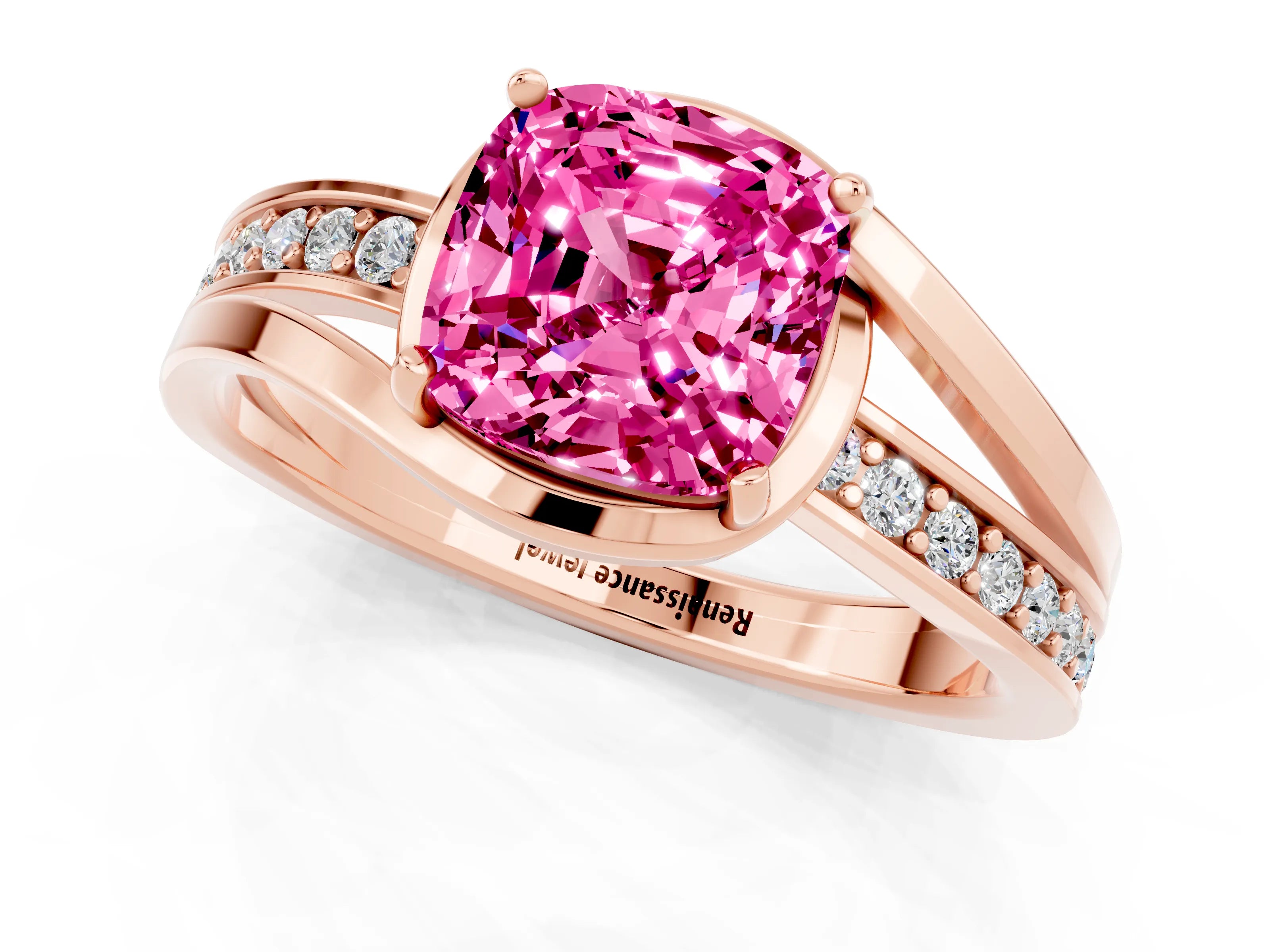 Rose gold Cushion Cut Pink Sapphire Solitaire Ring with Split Shank and Prong Setting_1