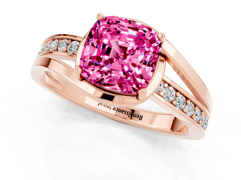 Rose gold Cushion Cut Pink Sapphire Solitaire Ring with Split Shank and Prong Setting_1