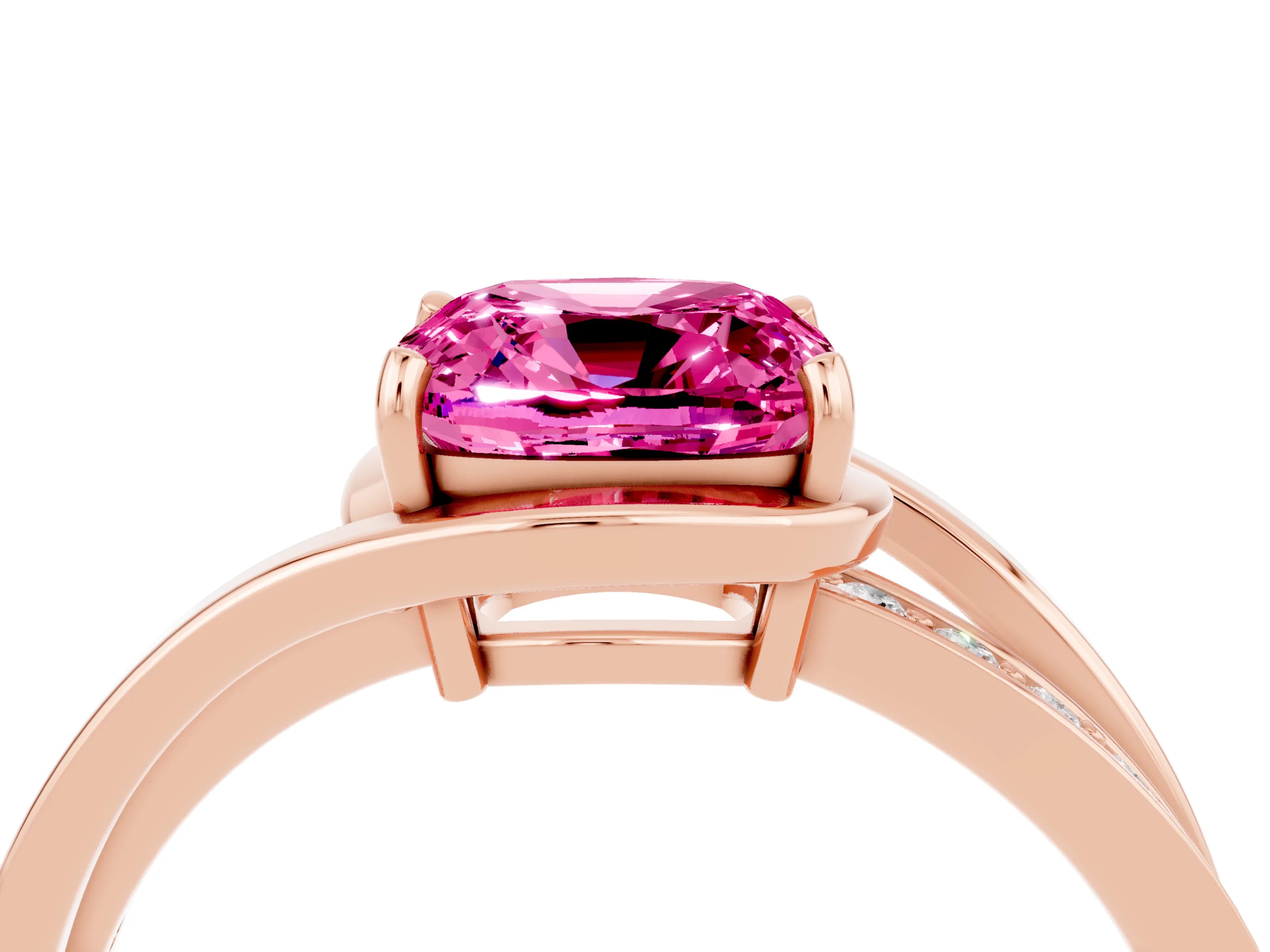 Rose gold Cushion Cut Pink Sapphire Solitaire Ring with Split Shank and Prong Setting_4