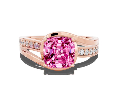 Rose gold Cushion Cut Pink Sapphire Solitaire Ring with Split Shank and Prong Setting