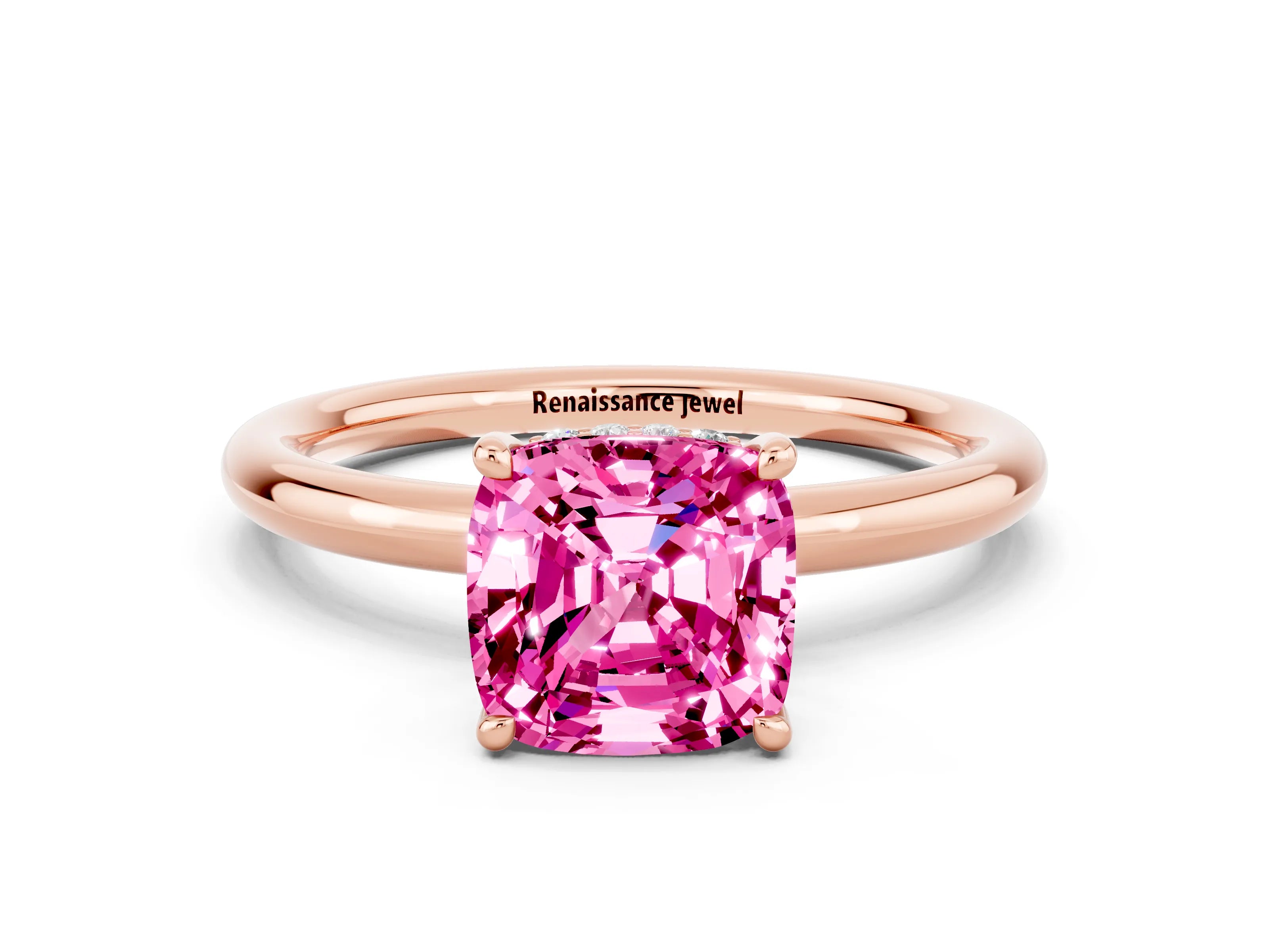 Rose gold Cushion Cut Pink Sapphire Solitaire Ring with Thin Band and Four-Prong Setting_24