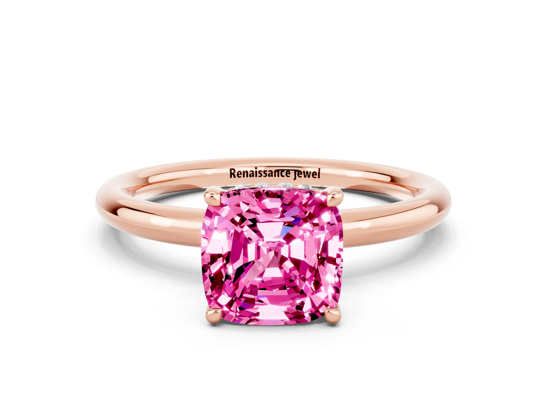 Rose gold Cushion Cut Pink Sapphire Solitaire Ring with Thin Band and Four-Prong Setting_24
