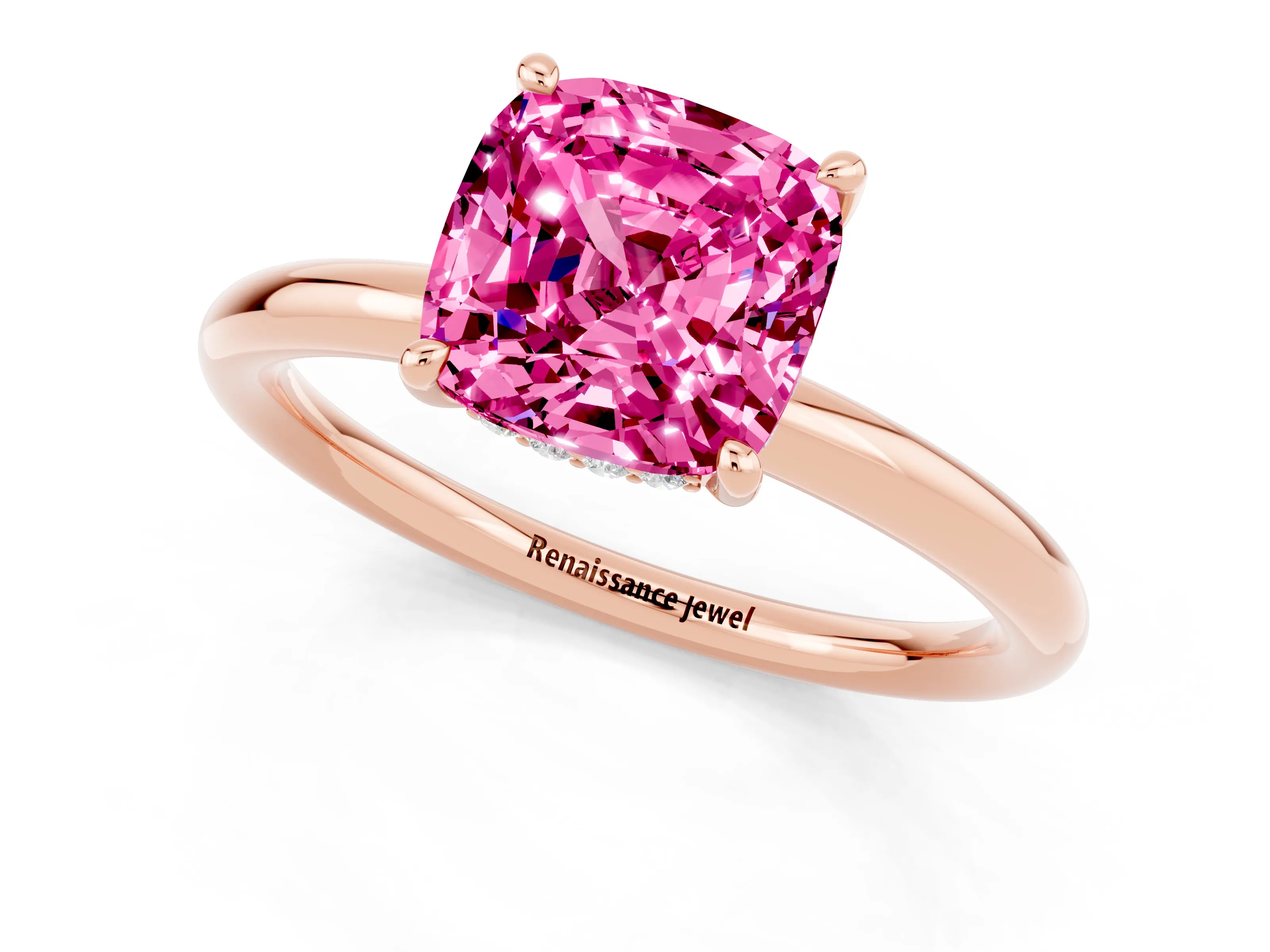Rose gold Cushion Cut Pink Sapphire Solitaire Ring with Thin Band and Four-Prong Setting_25