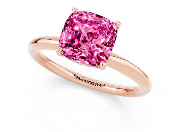 Rose gold Cushion Cut Pink Sapphire Solitaire Ring with Thin Band and Four-Prong Setting
