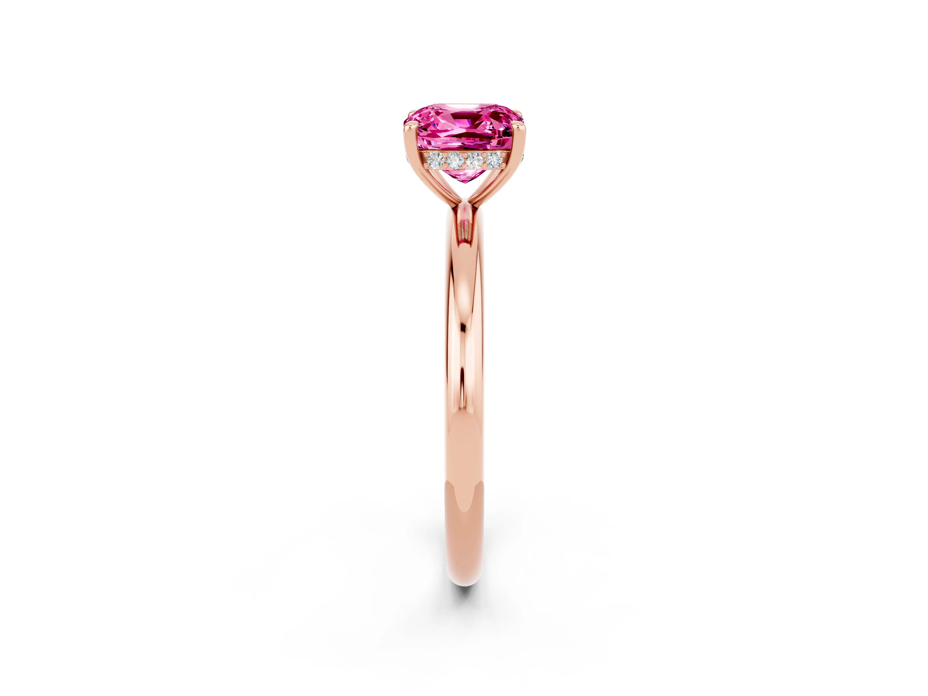 Rose gold Cushion Cut Pink Sapphire Solitaire Ring with Thin Band and Four-Prong Setting_26