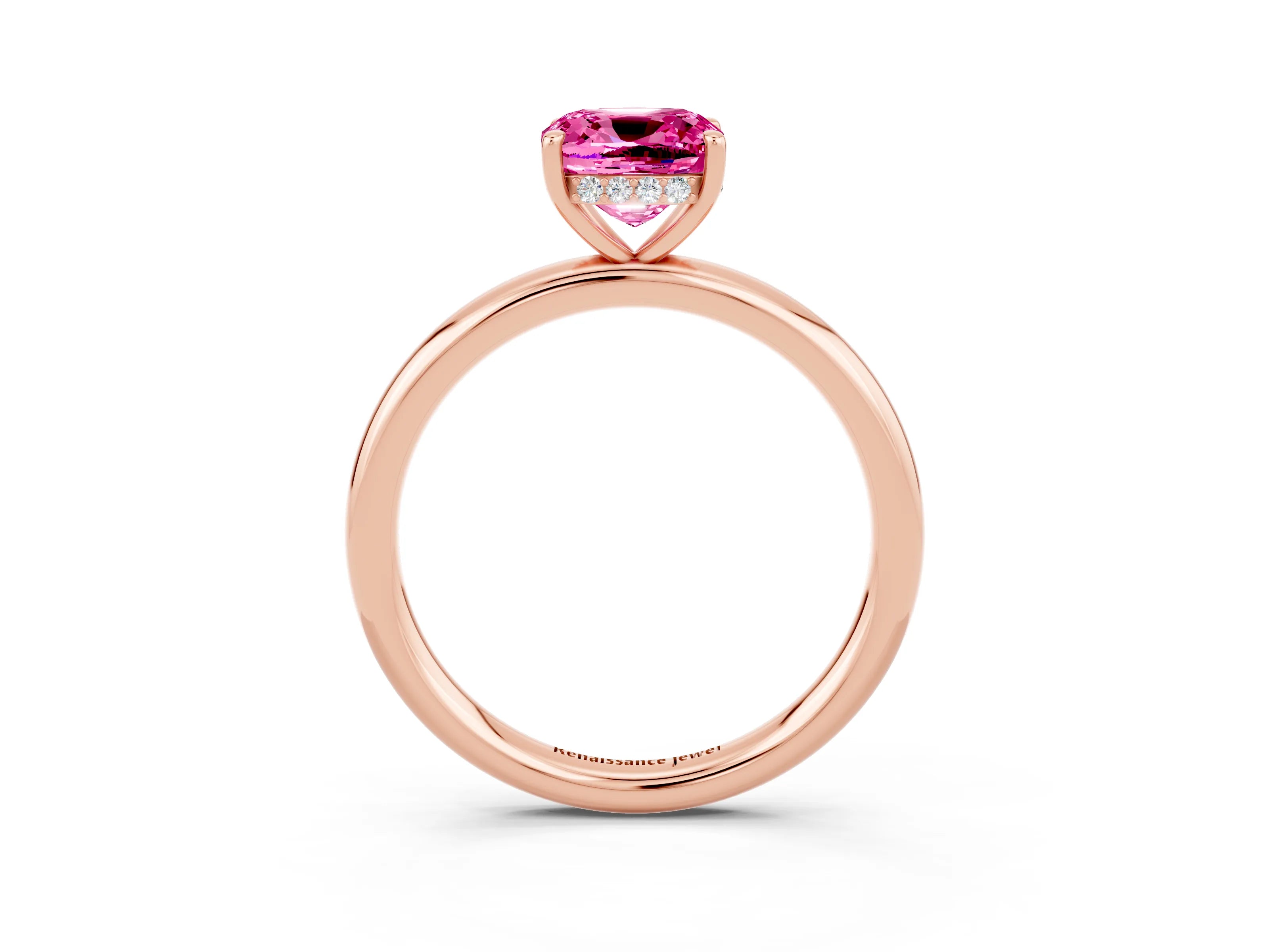 Rose gold Cushion Cut Pink Sapphire Solitaire Ring with Thin Band and Four-Prong Setting_27