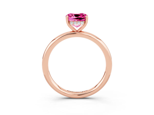 Rose gold Cushion Cut Pink Sapphire Solitaire Ring with Thin Band and Four-Prong Setting