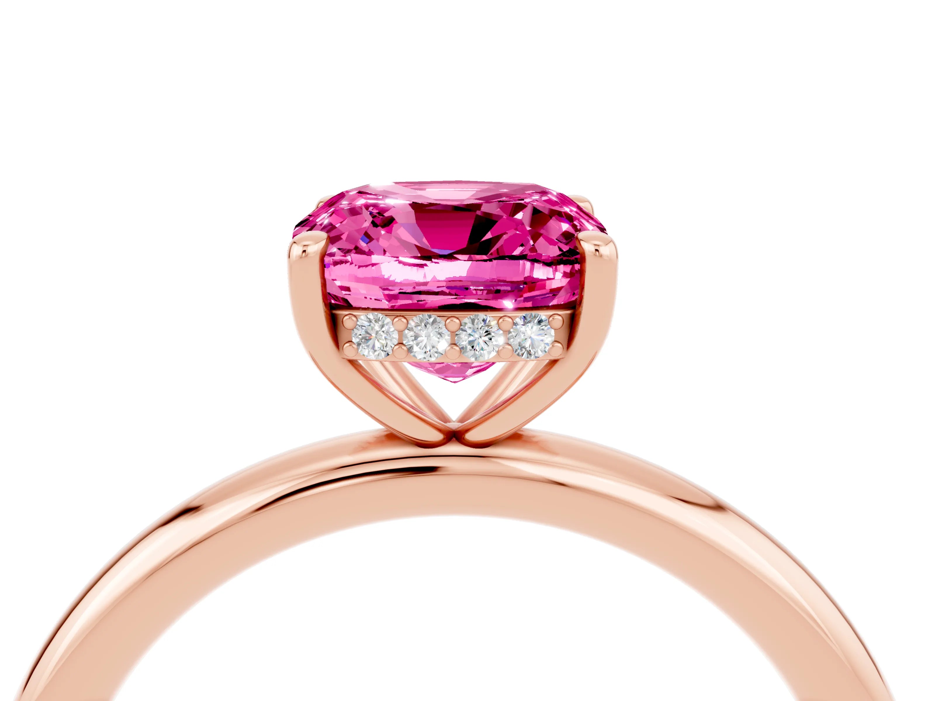 Rose gold Cushion Cut Pink Sapphire Solitaire Ring with Thin Band and Four-Prong Setting_28