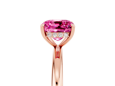 Rose gold Cushion Cut Pink Sapphire Solitaire Ring with Thin Band and Four-Prong Setting_29