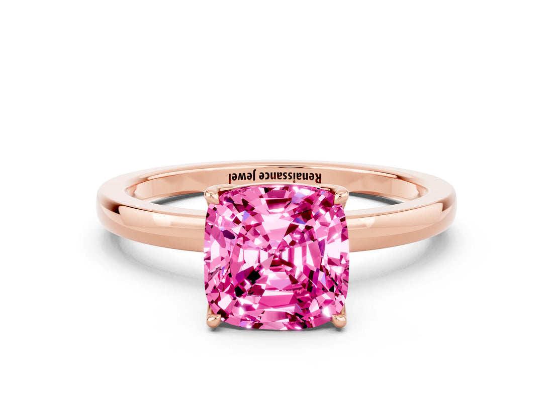Rose gold Cushion Cut Pink Sapphire Solitaire Ring with Thin Band and Prong Setting_12