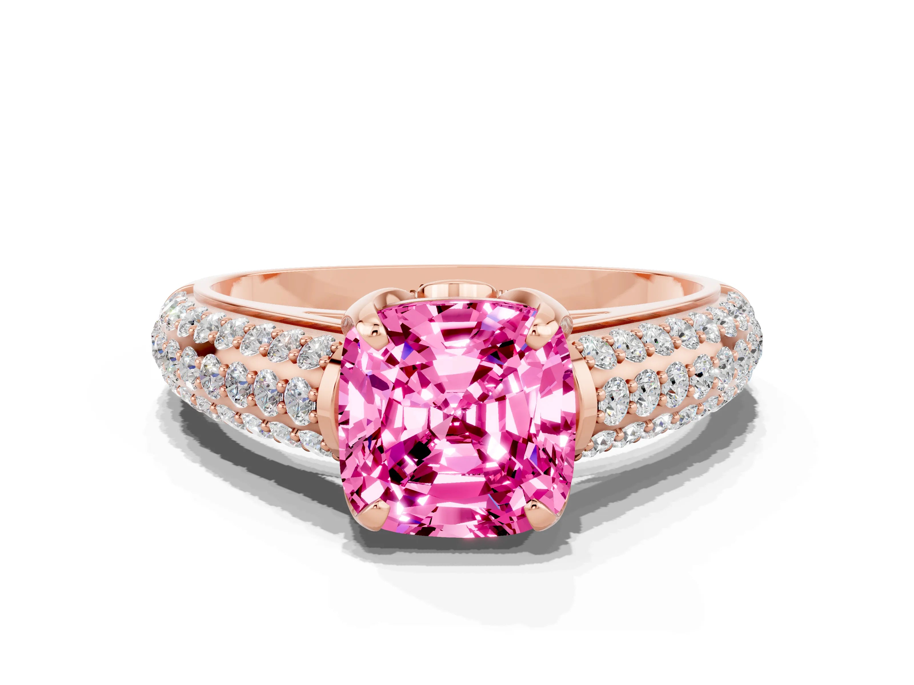 Rose gold Cushion Cut Pink Sapphire Solitaire Ring with Three-Row Pavé Band and Four-Prong Setting_12