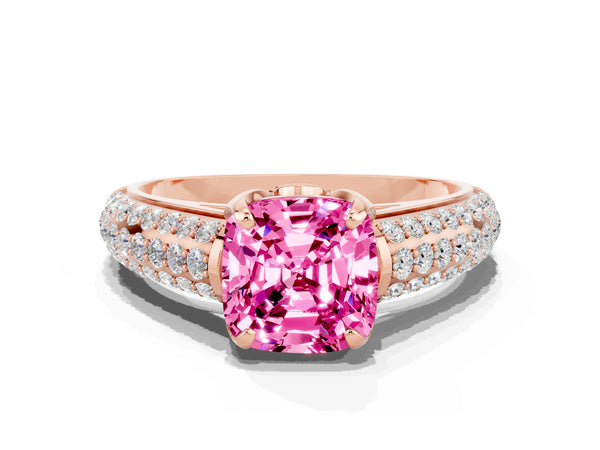Rose gold Cushion Cut Pink Sapphire Solitaire Ring with Three-Row Pavé Band and Four-Prong Setting