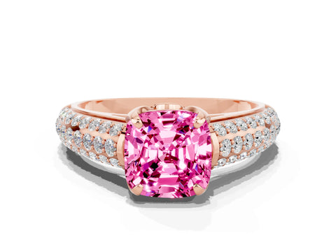 Rose gold Cushion Cut Pink Sapphire Solitaire Ring with Three-Row Pavé Band and Four-Prong Setting_12