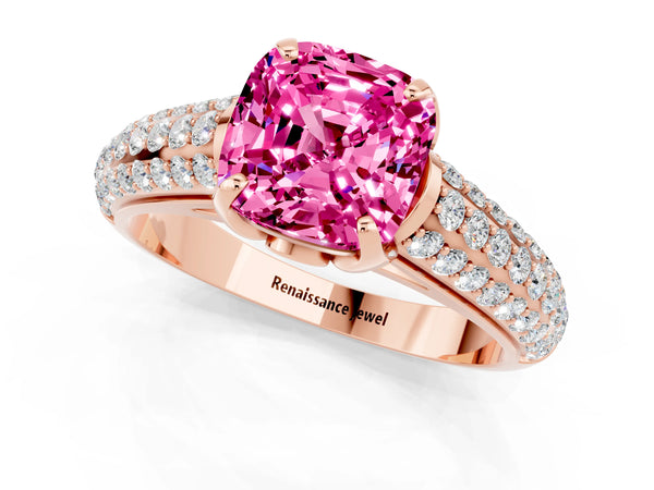 Rose gold Cushion Cut Pink Sapphire Solitaire Ring with Three-Row Pavé Band and Four-Prong Setting