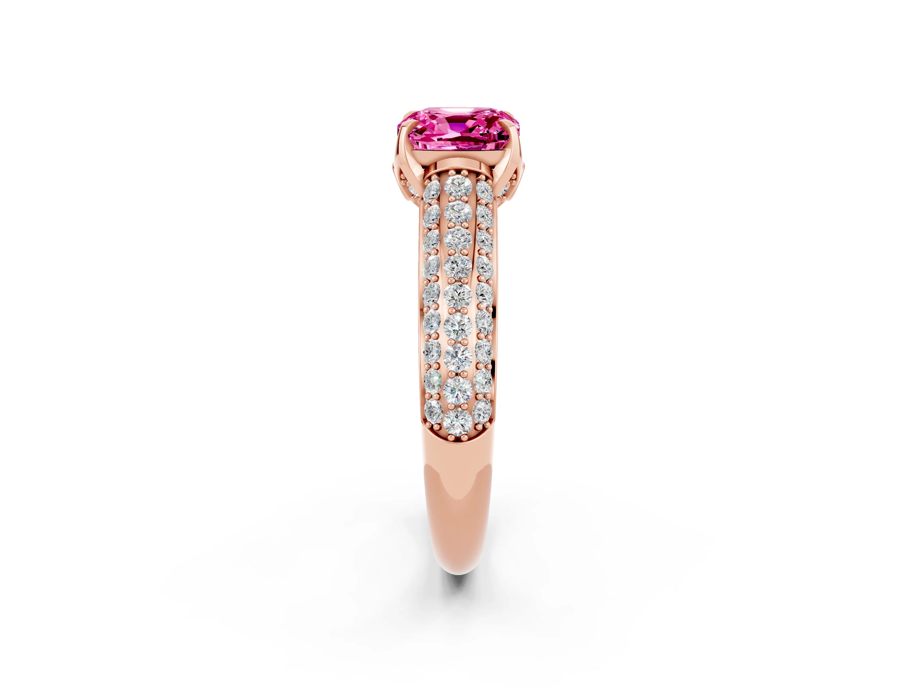 Rose gold Cushion Cut Pink Sapphire Solitaire Ring with Three-Row Pavé Band and Four-Prong Setting_14
