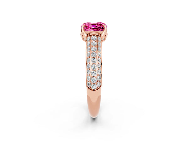 Rose gold Cushion Cut Pink Sapphire Solitaire Ring with Three-Row Pavé Band and Four-Prong Setting