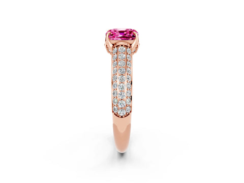 Rose gold Cushion Cut Pink Sapphire Solitaire Ring with Three-Row Pavé Band and Four-Prong Setting_14