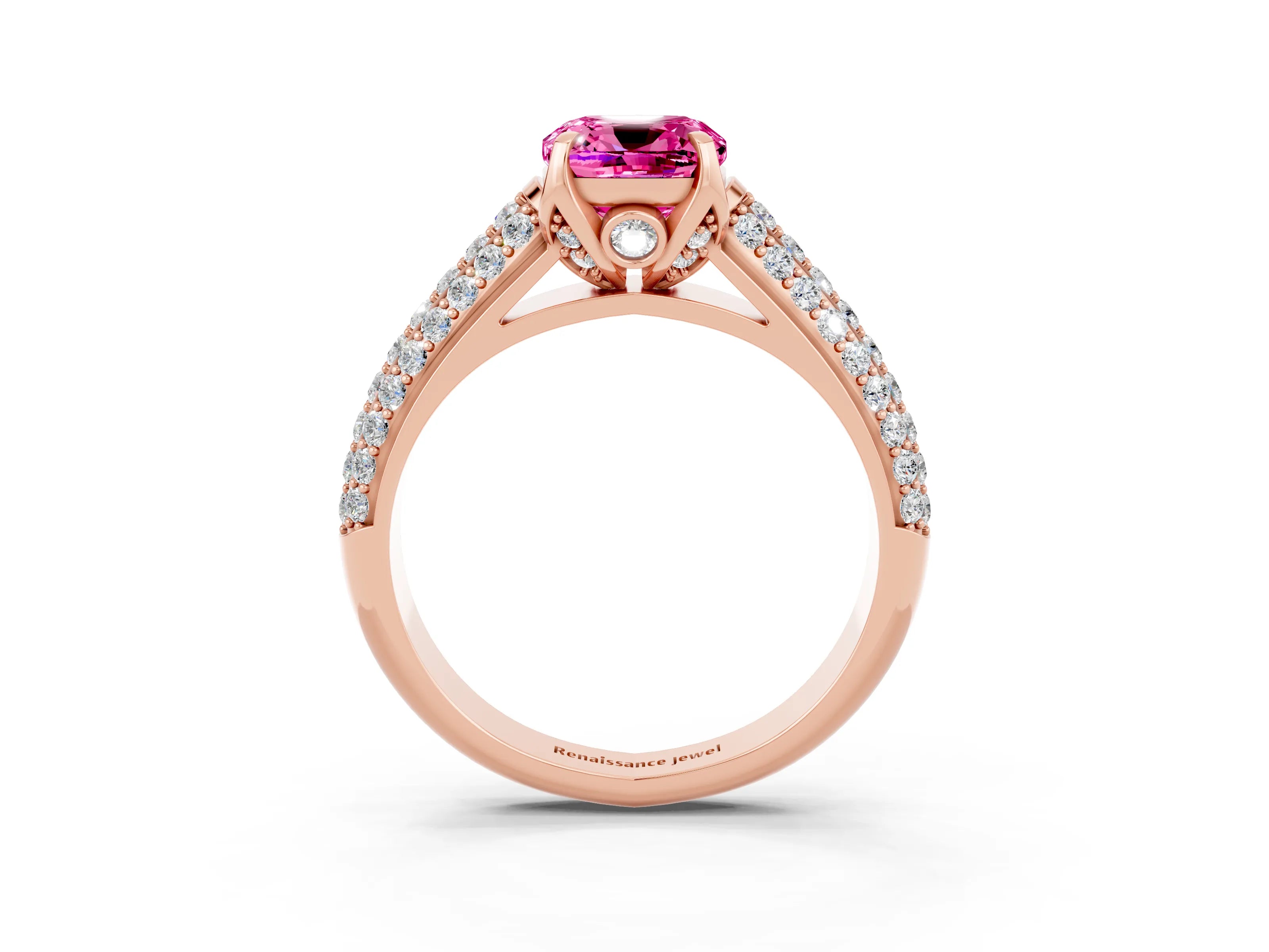 Rose gold Cushion Cut Pink Sapphire Solitaire Ring with Three-Row Pavé Band and Four-Prong Setting_15