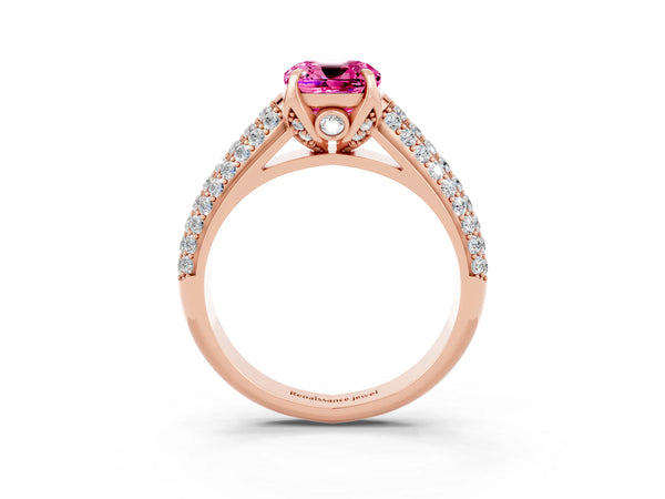 Rose gold Cushion Cut Pink Sapphire Solitaire Ring with Three-Row Pavé Band and Four-Prong Setting