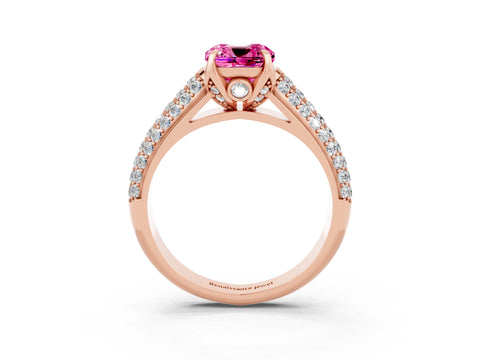 Rose gold Cushion Cut Pink Sapphire Solitaire Ring with Three-Row Pavé Band and Four-Prong Setting_15