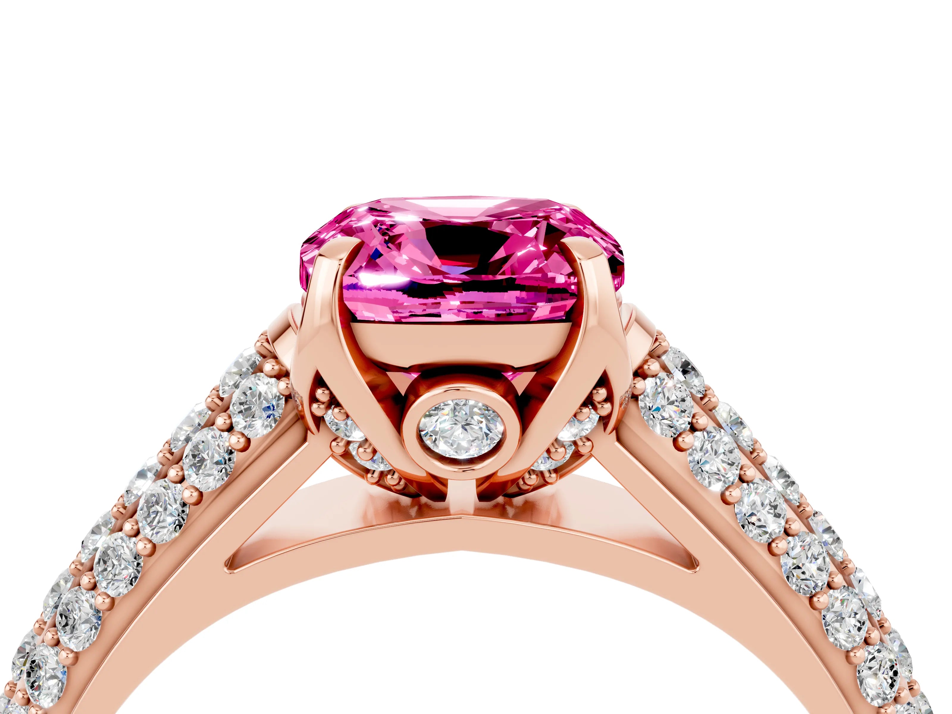 Rose gold Cushion Cut Pink Sapphire Solitaire Ring with Three-Row Pavé Band and Four-Prong Setting_16