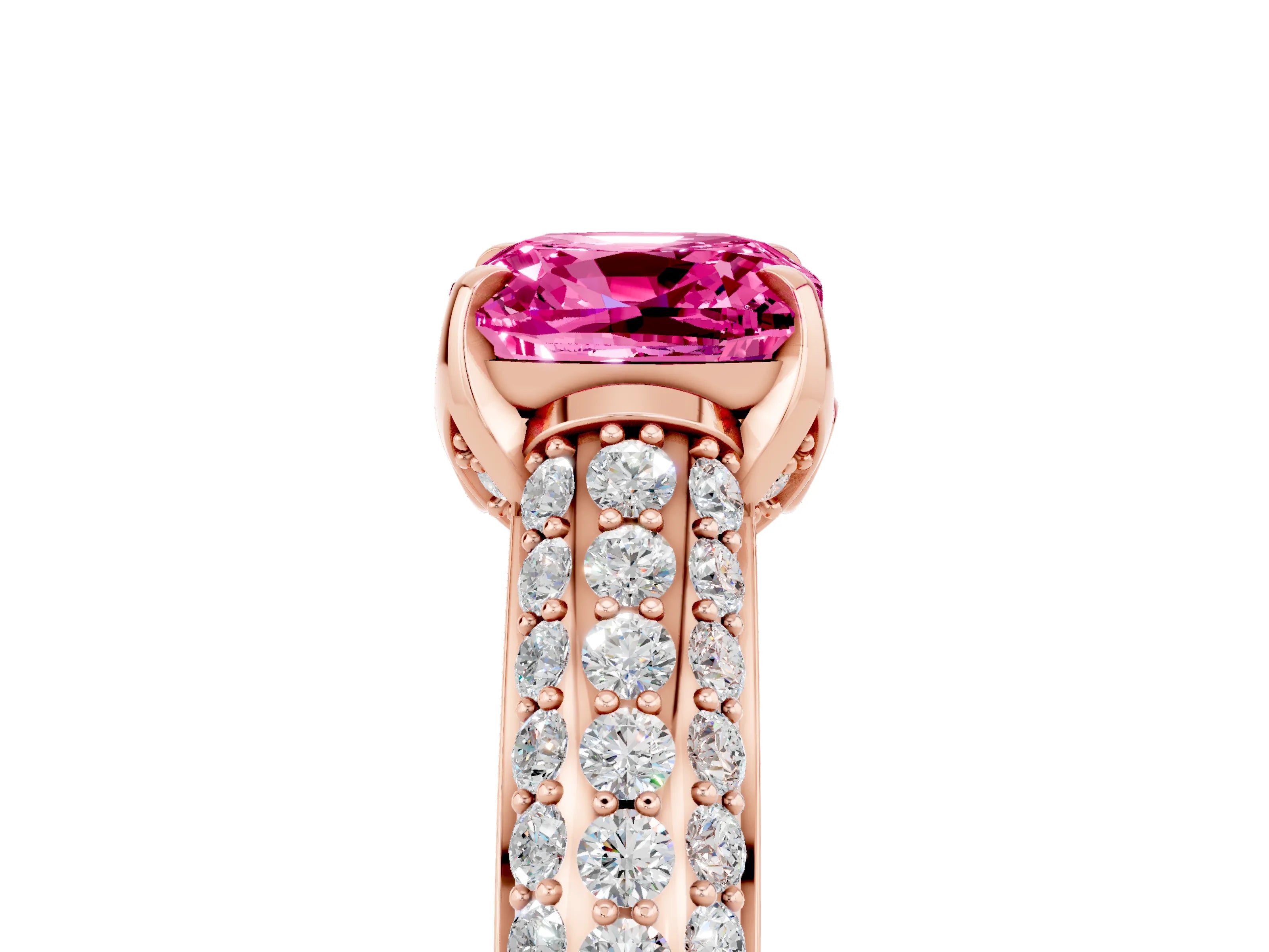 Rose gold Cushion Cut Pink Sapphire Solitaire Ring with Three-Row Pavé Band and Four-Prong Setting_17
