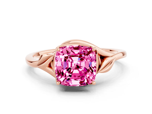 Rose gold Cushion Cut Pink Sapphire Solitaire Ring with Twist Band and Four-Prong Setting