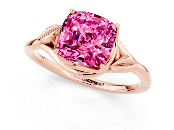 Rose gold Cushion Cut Pink Sapphire Solitaire Ring with Twist Band and Four-Prong Setting