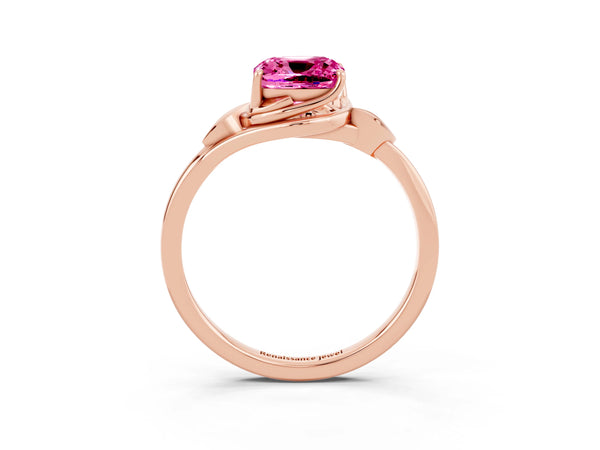 Rose gold Cushion Cut Pink Sapphire Solitaire Ring with Twist Band and Four-Prong Setting