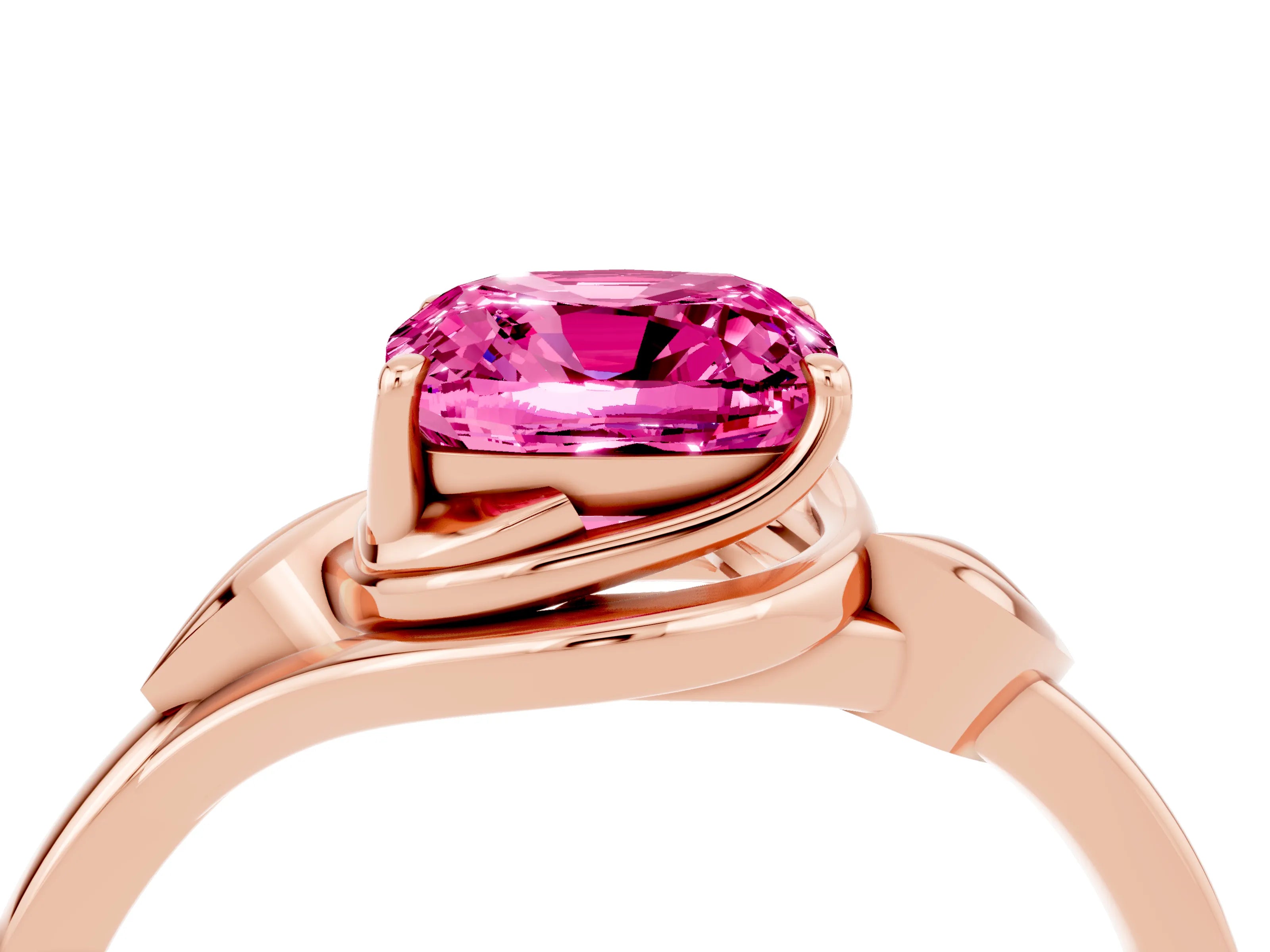 Rose gold Cushion Cut Pink Sapphire Solitaire Ring with Twist Band and Four-Prong Setting_28