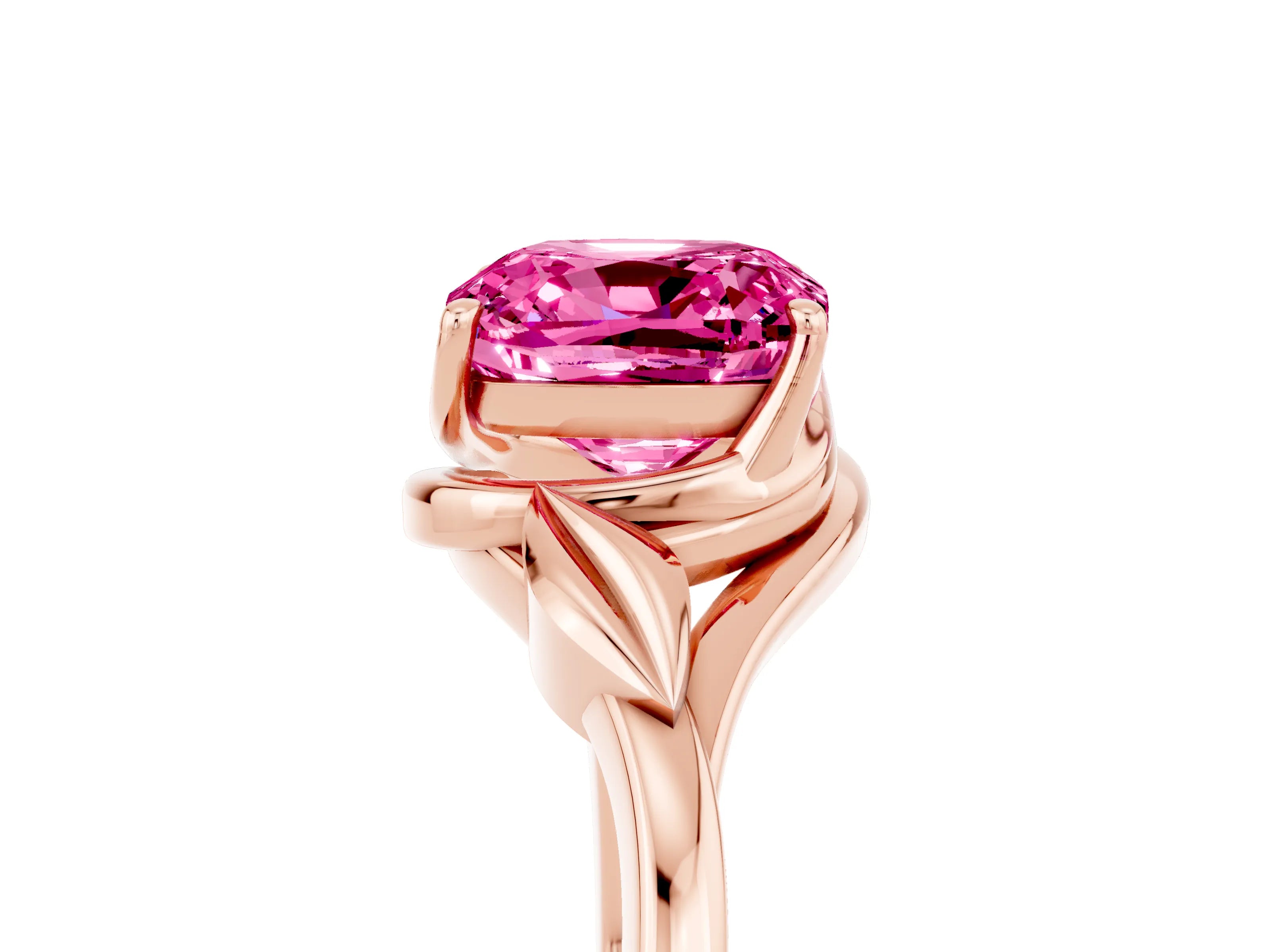 Rose gold Cushion Cut Pink Sapphire Solitaire Ring with Twist Band and Four-Prong Setting_29