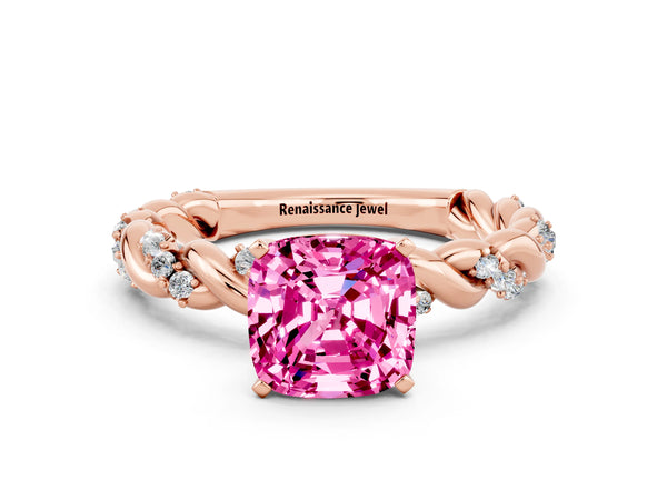 Rose gold Cushion Cut Pink Sapphire Solitaire Ring with Twisted Band and Pavé Accents