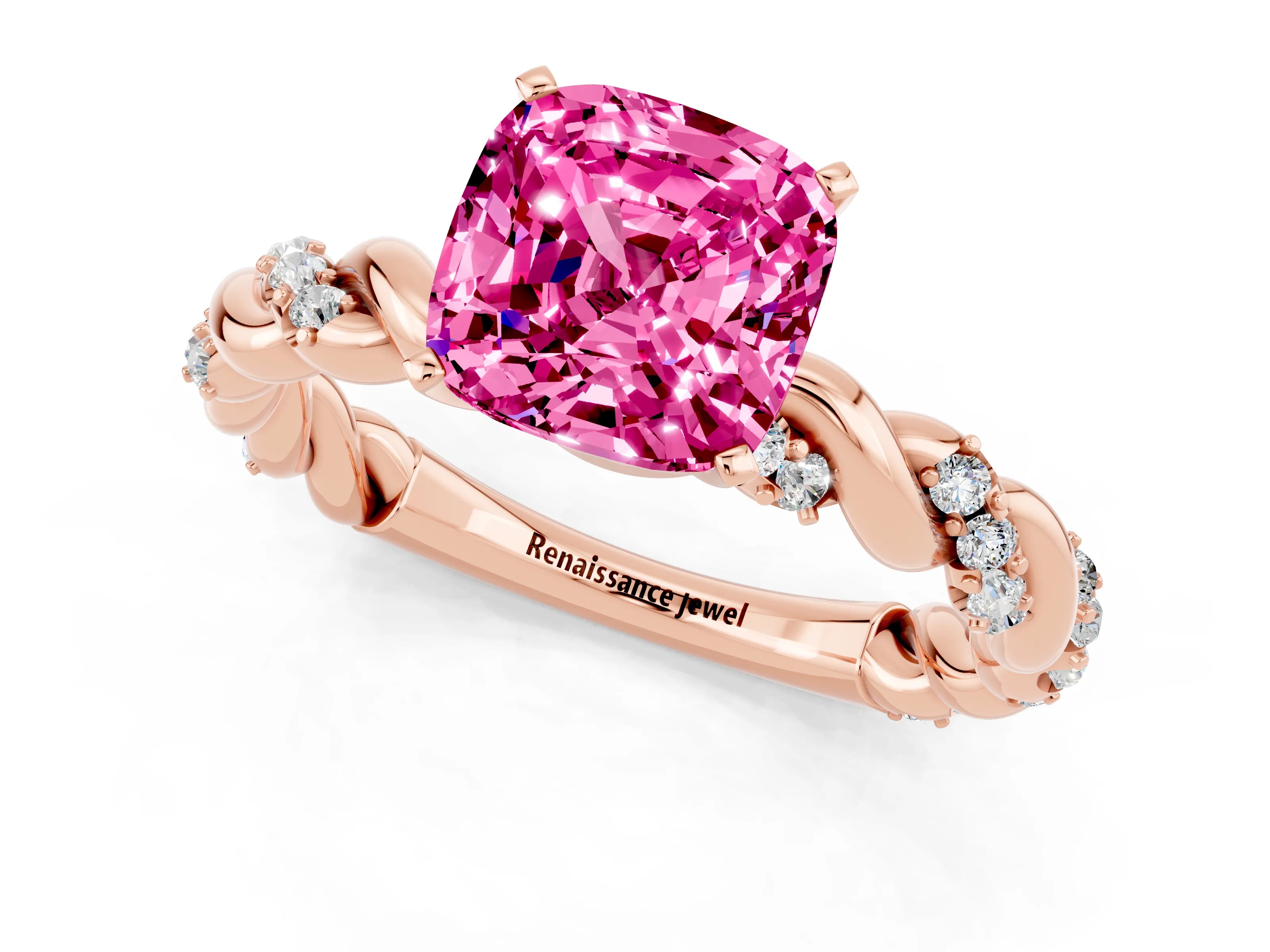 Rose gold Cushion Cut Pink Sapphire Solitaire Ring with Twisted Band and Pavé Accents_1